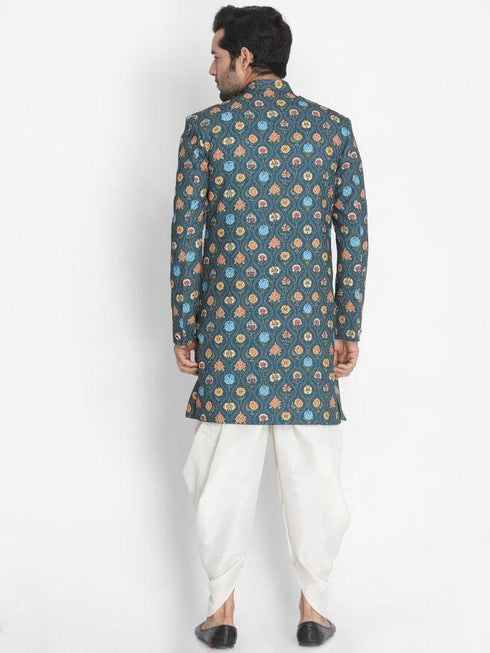 Vastramay Men's Dark Green Silk Blend Sherwani Set